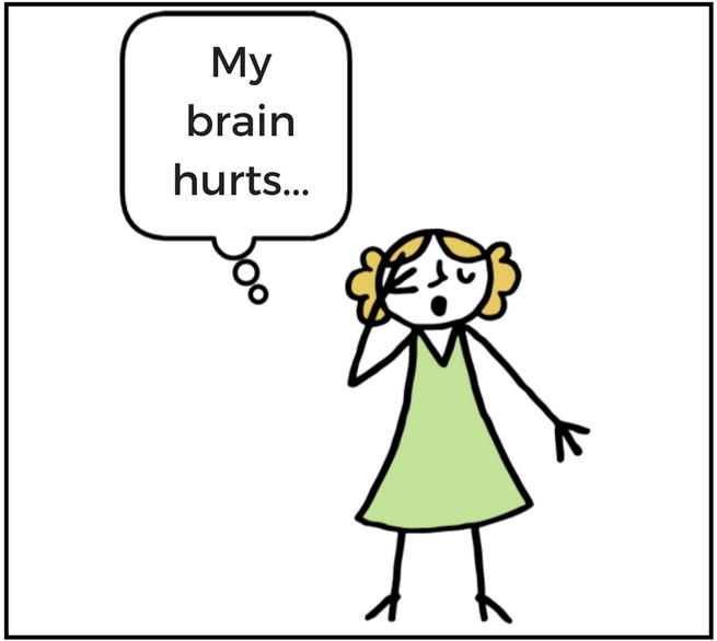My brain hurts comic - lady holds her head and laments that her brain hurts. 